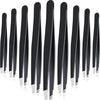A set of precision stainless steel eyebrow tweezers shown in a vertical arrangement.
