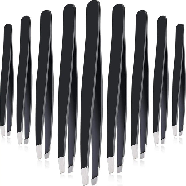 A set of precision stainless steel eyebrow tweezers shown in a vertical arrangement.