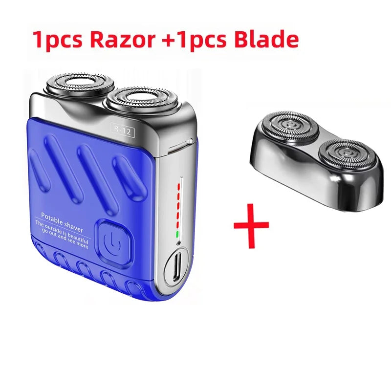 A blue and silver electric shaver with a blade is shown next to a separate blade.