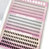 A display of fifteen rows of DIY wispy extension eyelashes on a clear plastic card.