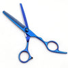 A pair of professional 6-inch stainless steel hairdressing scissors with serrated blades and blue handles.