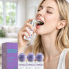 A woman sprays a probiotic oral spray for breath freshening in a bright indoor setting.