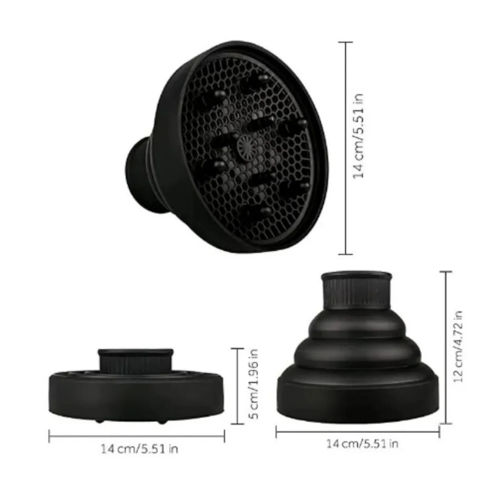 Black silicone hairdryer diffuser cover with a mesh grille and a flat base.