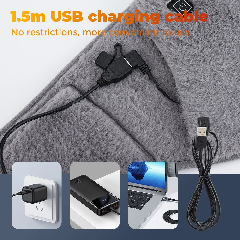 A black USB charging cable is shown coiled on a gray fuzzy blanket, with images demonstrating its use for various devices.