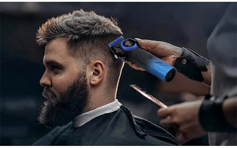 A man is using a professional rotary hair trimmer with an adjustable blade on his haircut.