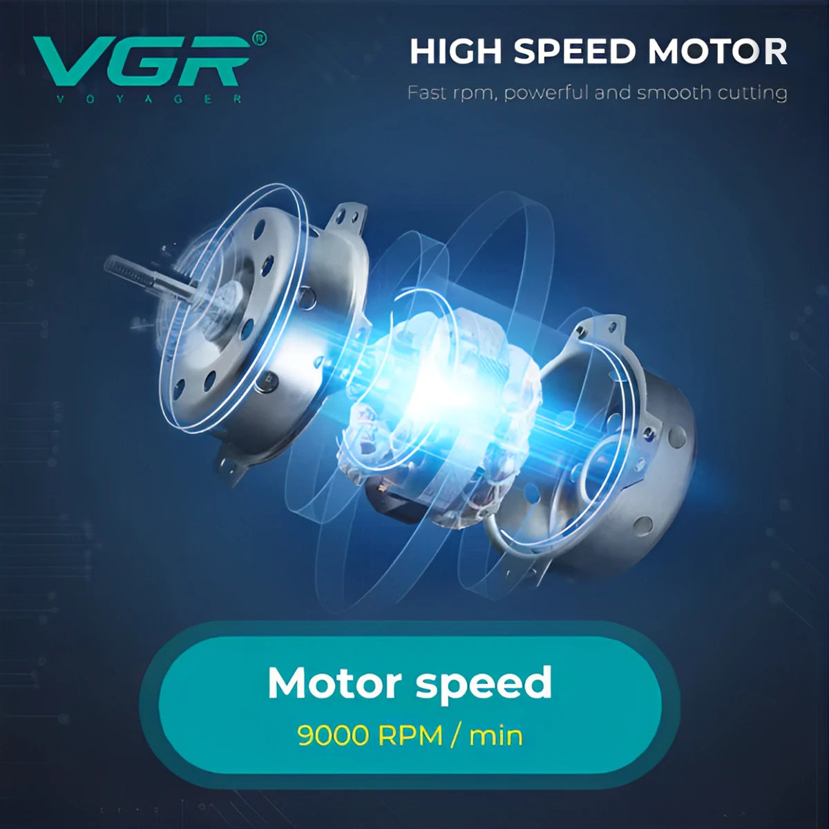 A high-speed motor is shown with blue light emanating, illustrating fast rpm and smooth cutting performance.