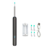 Kit de limpieza de oídos de precisión con herramienta metálica larga, cilindro de vidrio y cable eléctrico.