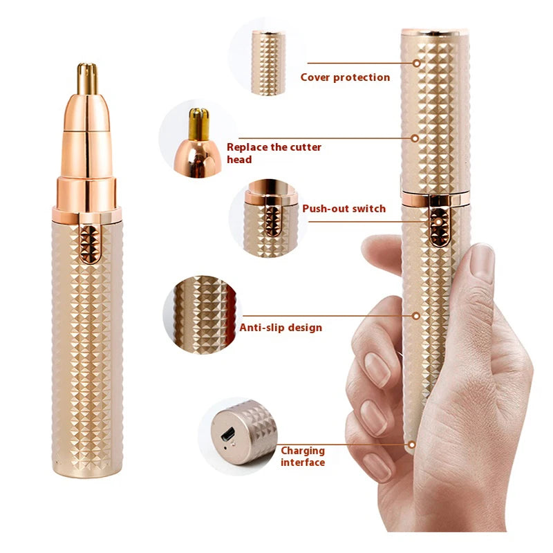 A gold-colored 3-in-1 facial and body hair removal device shown with various components and a hand.