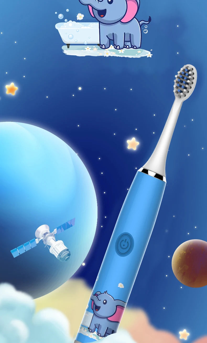 A blue electric toothbrush is shown against a dark blue night sky with stars and a large blue planet, featuring an elephant c