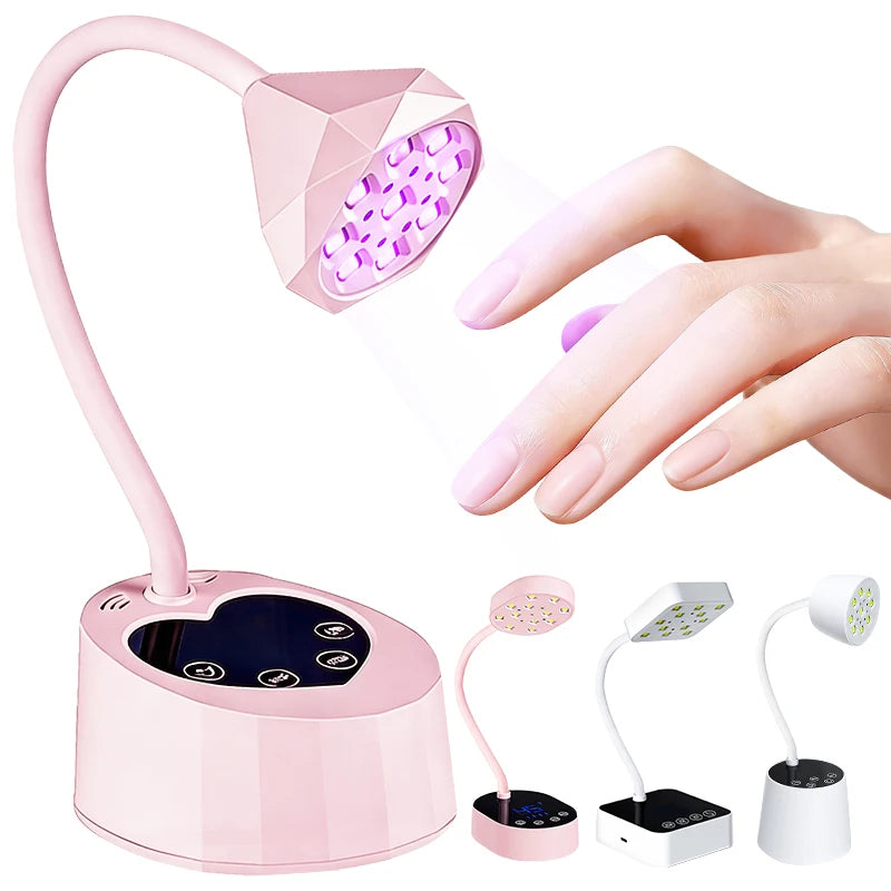 A pink UV LED nail lamp device with a flexible light wand and charging base, shown next to a hand.