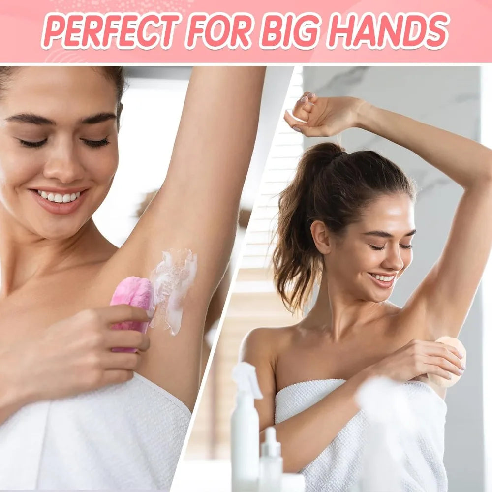 A woman applies a pink powder puff to her arm, demonstrating the use of a luxury velvet powder puff set.