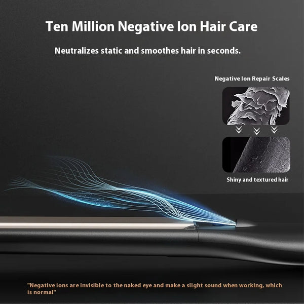 A black hair straightener is shown with blue ions flowing onto dark hair, demonstrating negative ion hair care.