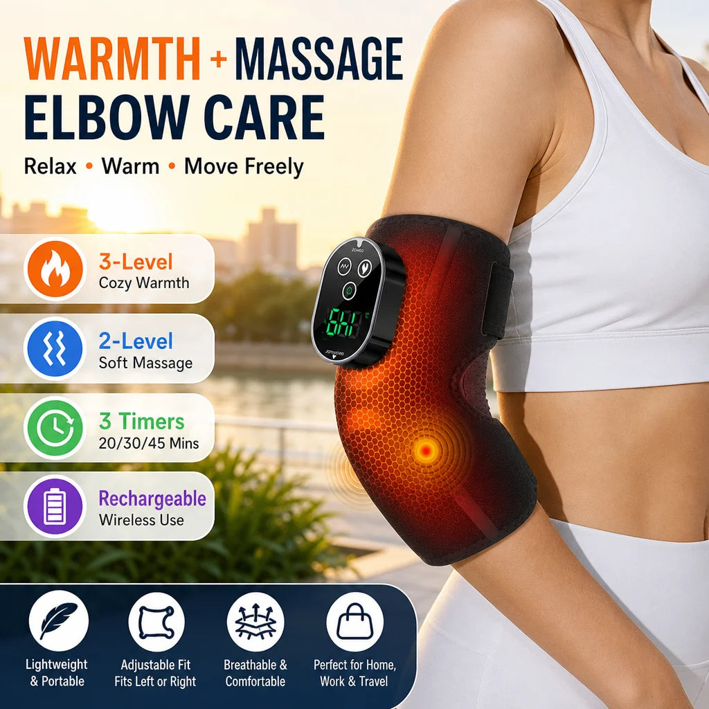 A person is wearing a portable, rechargeable electric heated massage elbow brace on their arm.
