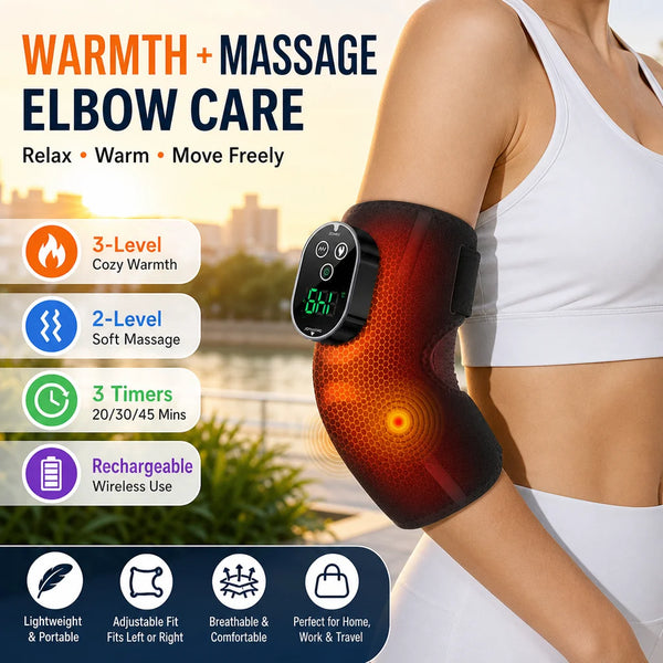 A person is wearing a portable, rechargeable electric heated massage elbow brace on their arm.