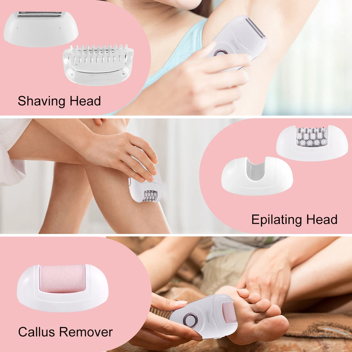 A set of three electric hair removal heads including a shaving head, epilating head, and callus remover shown in use on skin.