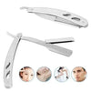 Stainless steel straight shaving razor with multiple blade attachments and skin models.