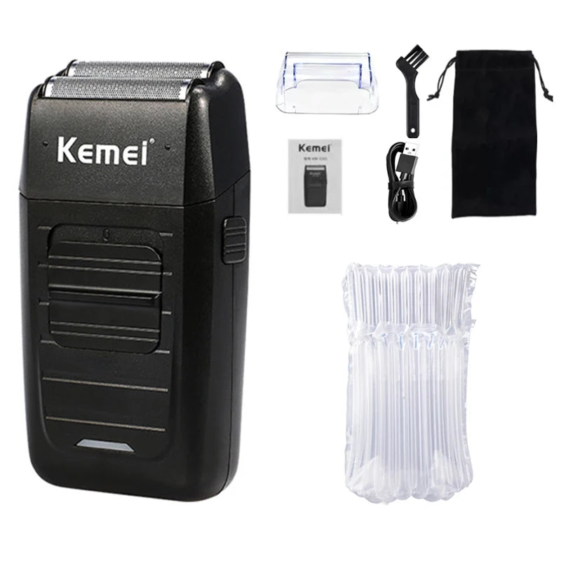 A black electric hair clipper kit showing the main unit, a blade, and disposable hair guards.