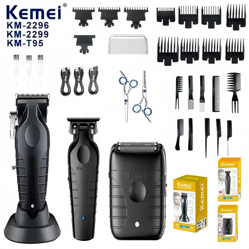 A collection of professional electric hair clipper grooming tools and accessories in black and silver.
