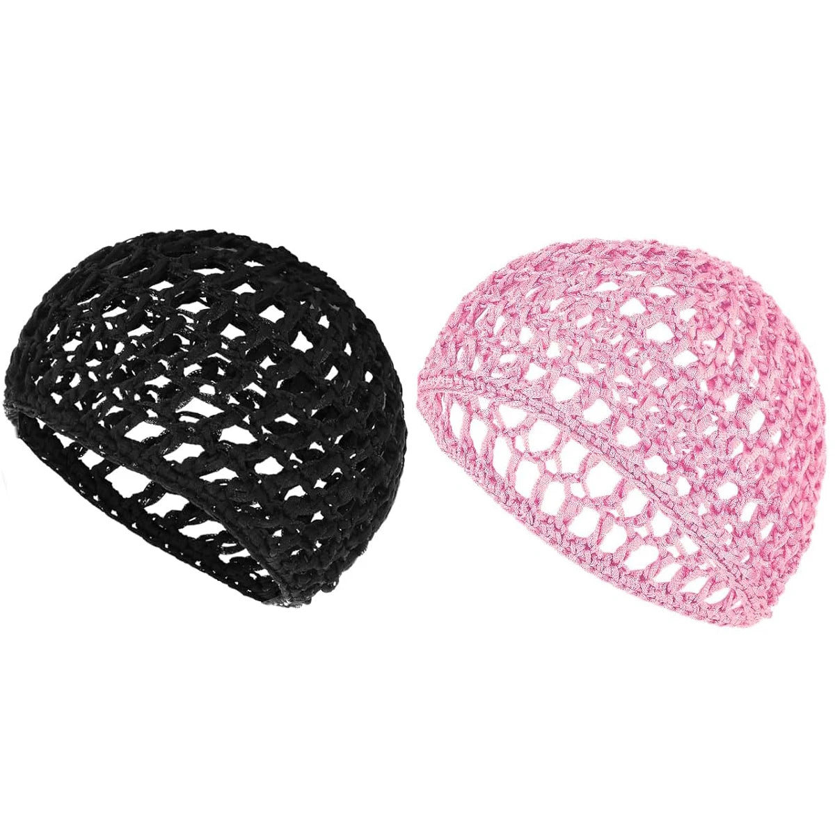 A pair of reversible satin wrap caps or bonnets in black and pink.