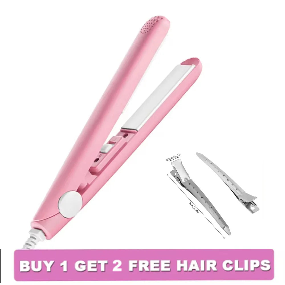 Fer à lisser et recourbe-cils en céramique rose 2-en-1 avec pinces à cheveux incluses