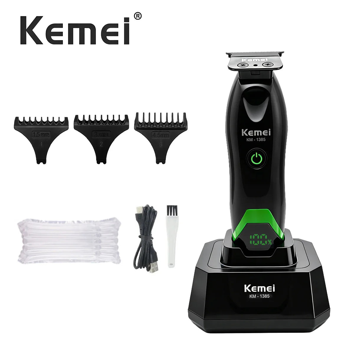 A black Kemei LED hair clipper trimmer set showing various cutting combs and the main device.