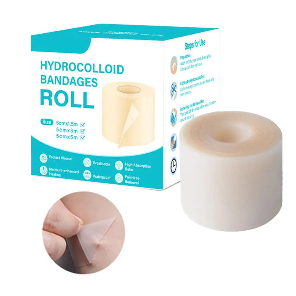 Box and roll of hydrocolloid bandages for wound dressing with instructions