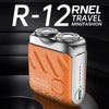 An orange and silver portable shaver labeled R-12 travel mini/fashion product.