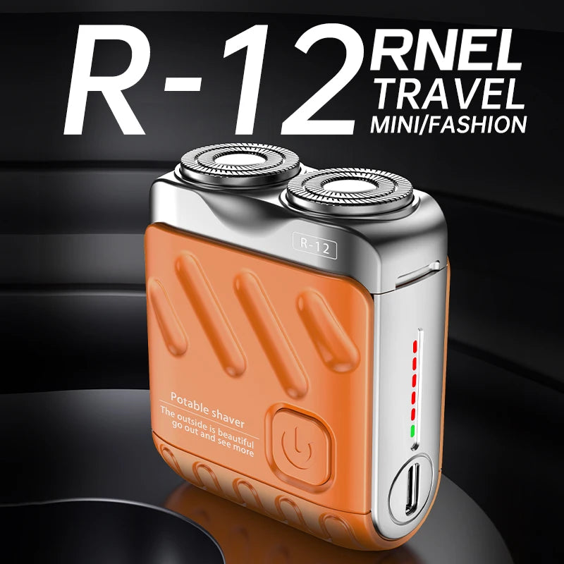 An orange and silver portable shaver labeled R-12 travel mini/fashion product.