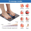 An EMS foot massager device with 8 massage modes and 19 strength adjustment levels shown on a black surface.