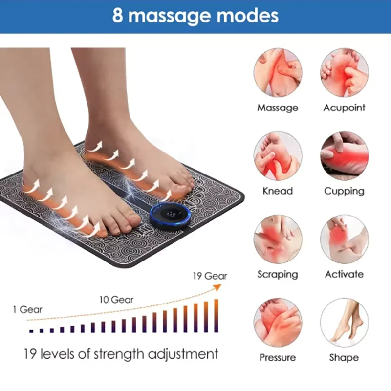 An EMS foot massager device with 8 massage modes and 19 strength adjustment levels shown on a black surface.