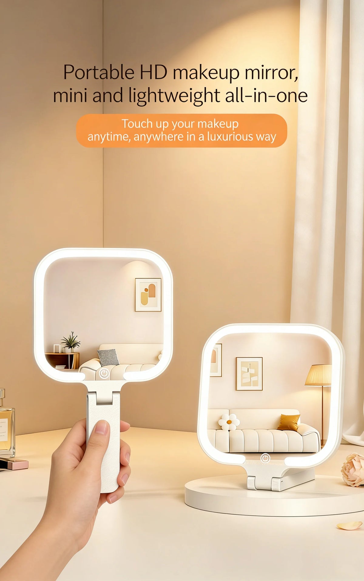 A hand holds a portable HD makeup mirror with a white frame and illuminated surface, set against a light background.
