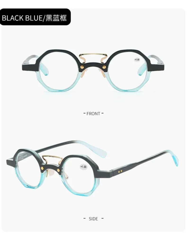 Lunettes de lecture rondes noir et bleu, vues de face et de profil.