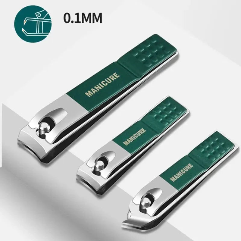 A pair of professional stainless steel manicure tools with green textured tips shown next to a measurement indicator.