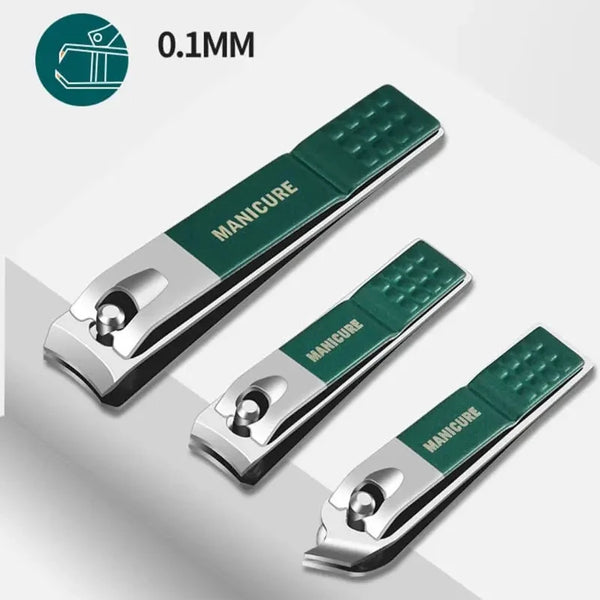 A pair of professional stainless steel manicure tools with green textured tips shown next to a measurement indicator.