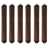 A row of five dark brown heatless hair curler curling rods.
