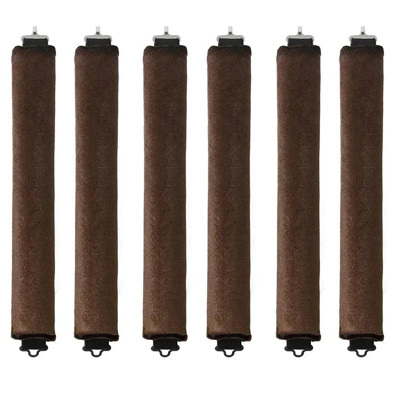 A row of five dark brown heatless hair curler curling rods.