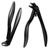 A pair of black stainless steel curved nail clippers shown from the side.