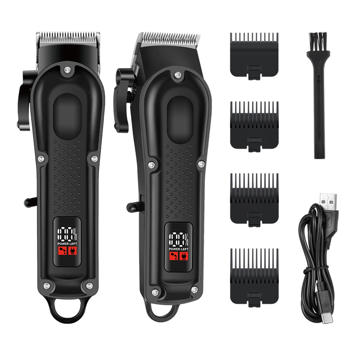 A set of professional cordless hair clippers and attachments for beard and hair trimming, shown in black.