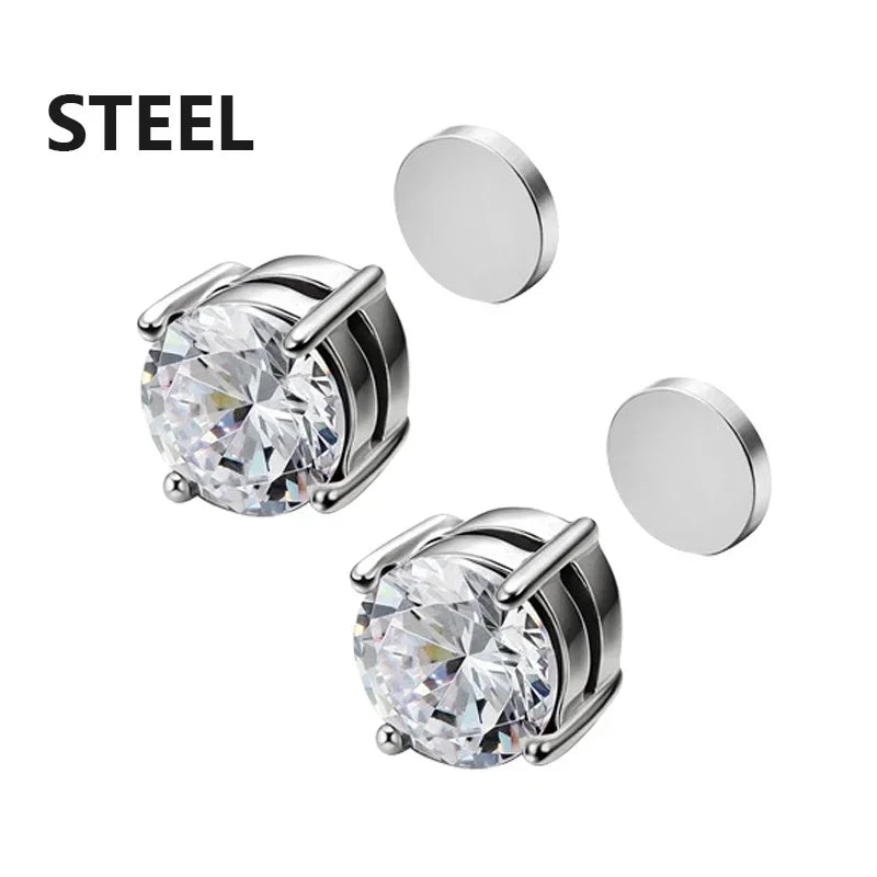 Silver crystal magnetic stud earrings for men shown in a studio setting