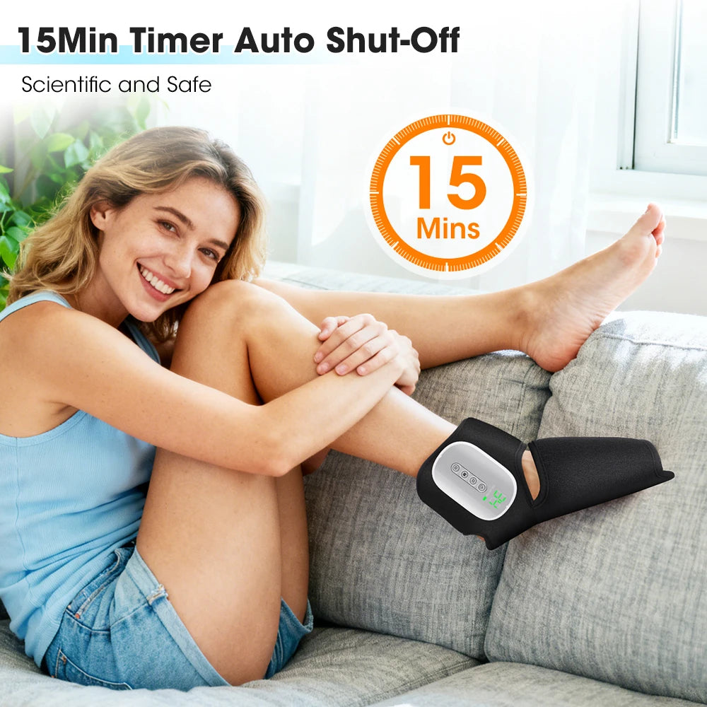 A woman relaxing on a couch using a black foot massager with an auto shut-off timer.