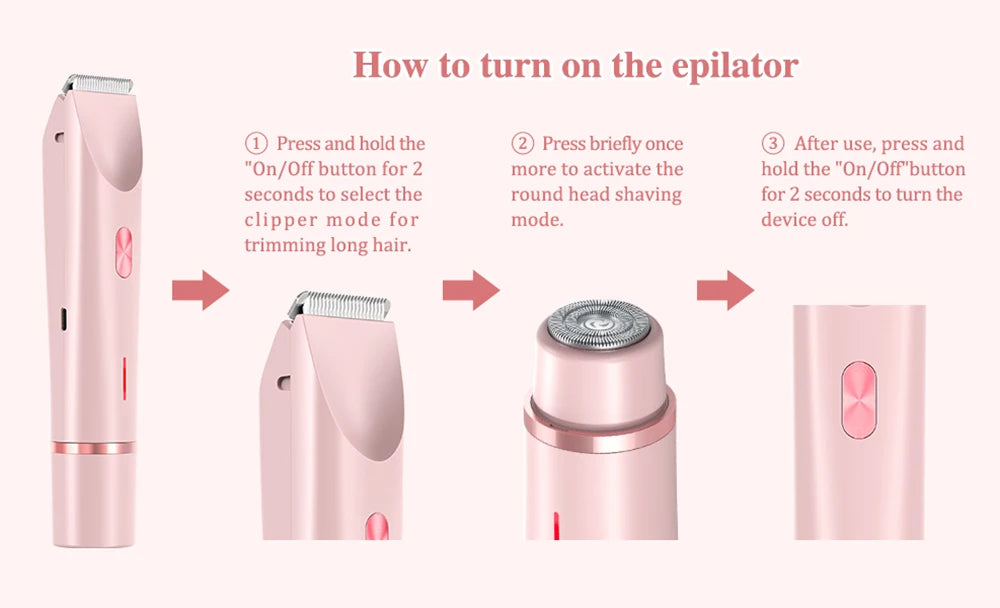 Instructions showing how to turn on and off the epilator device.