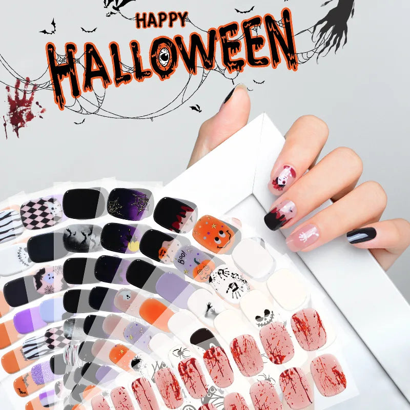 A collection of Halloween themed UV gel nail stickers featuring spooky designs and colors.