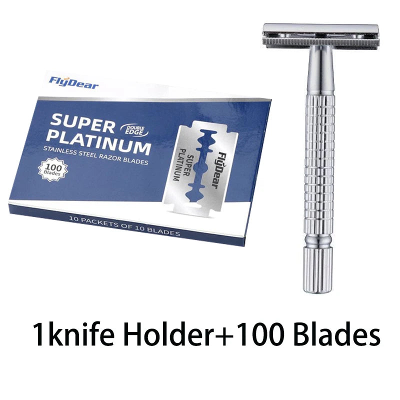 Cabezal de afeitadora de acero inoxidable doble filo plateado FlyDear Super Platinum con caja que muestra 10 paquetes de 10 c
