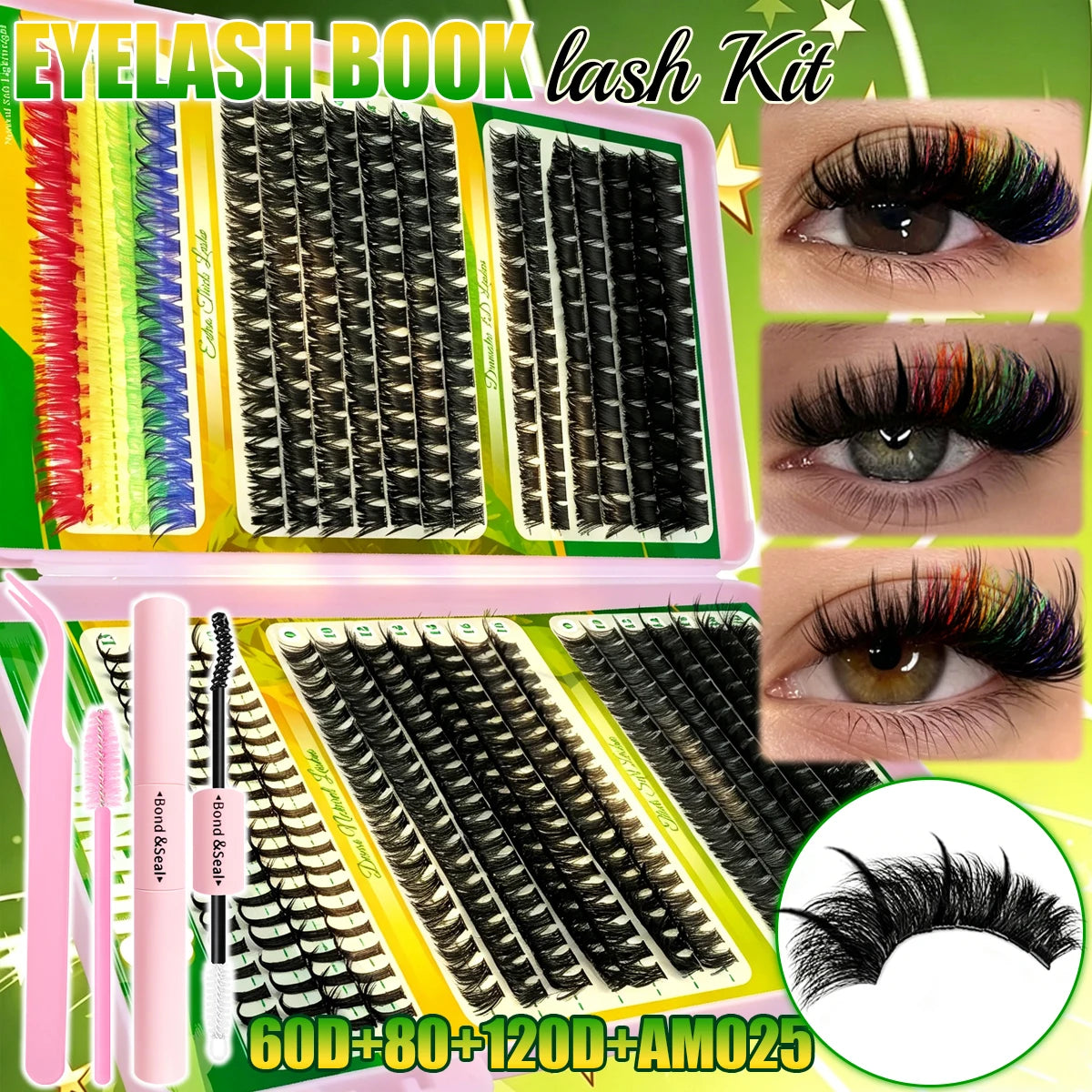 A kit of reusable eyelash clusters featuring various colors and styles for DIY lash application.
