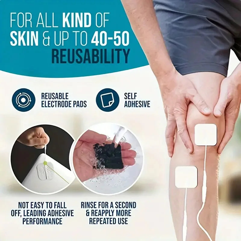 A hand applies reusable electrode pads to skin for muscle stimulation devices.