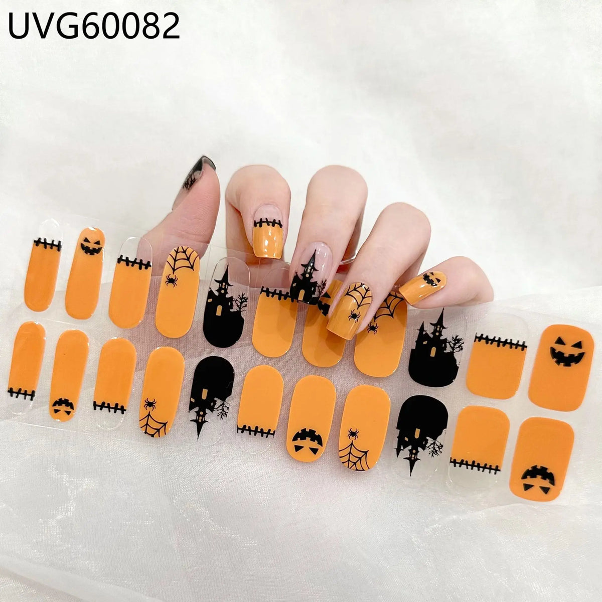 Orange and black Halloween themed UV gel nail stickers for full coverage decals