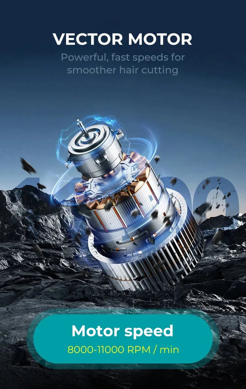 A close-up of a Vector Motor with blue electrical sparks and rotating blades, demonstrating high motor speed for hair cutting