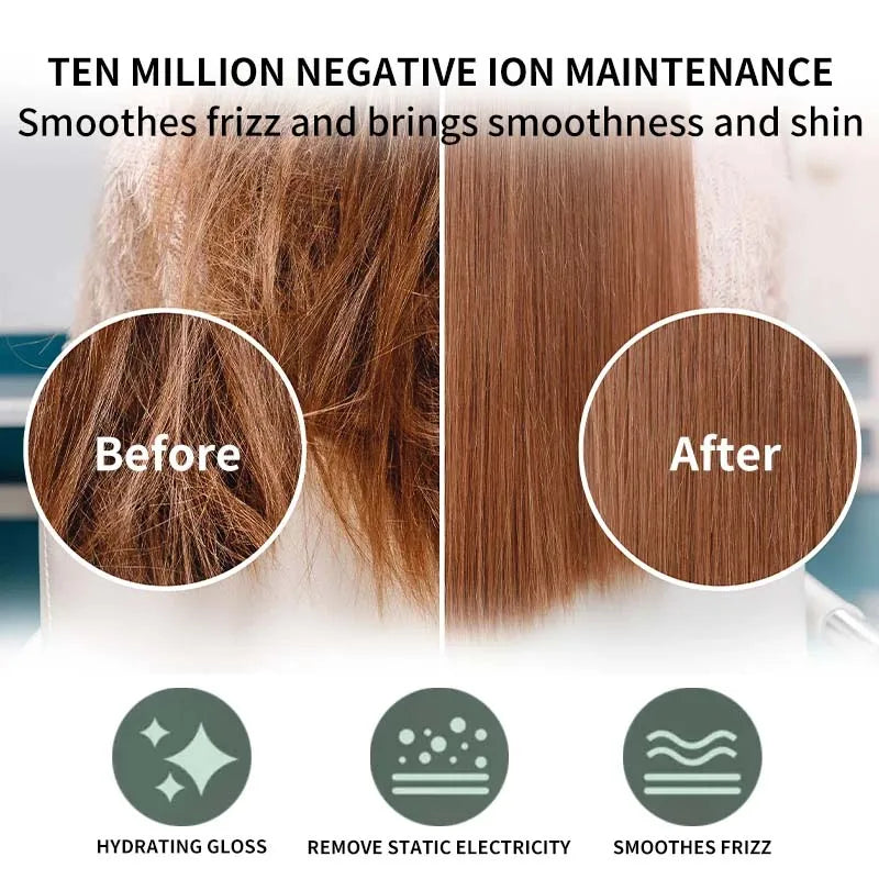 Before and after comparison showing hair smoothing and shine using ten million negative ion maintenance