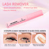 A pink lash remover product is shown with instructions for removing false eyelashes.