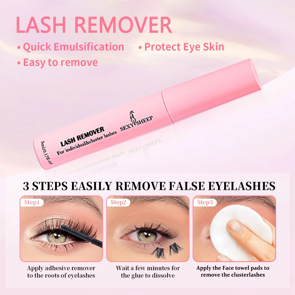 A pink lash remover product is shown with instructions for removing false eyelashes.